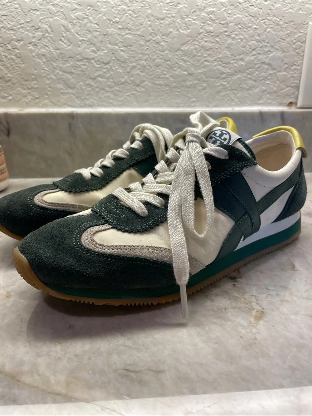 Tory Burch Green, White and Yellow Suede-Trim Lace-Up Sneakers